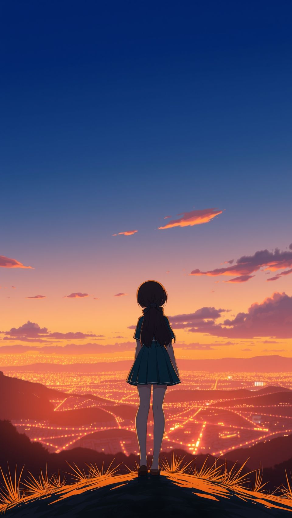 Anime girl overlooking glowing city at sunset inspired by Whisper of the Heart wallpaper