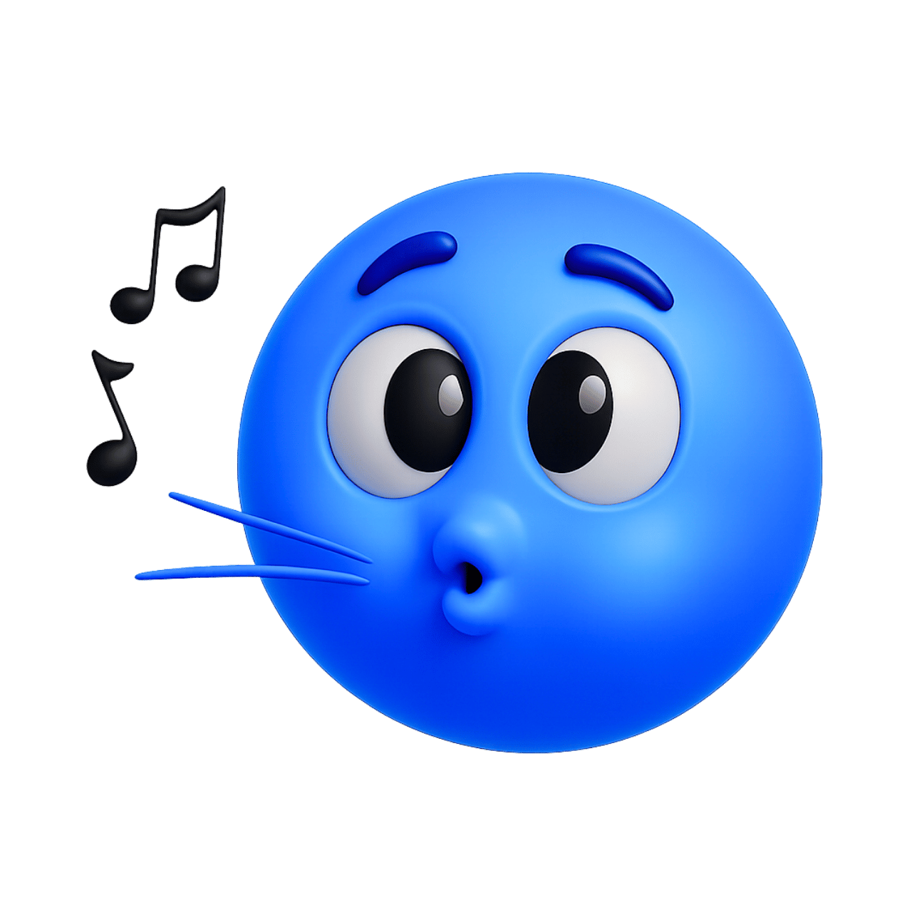 3D blue whistling emoticon emoji with musical notes and cute facial expression