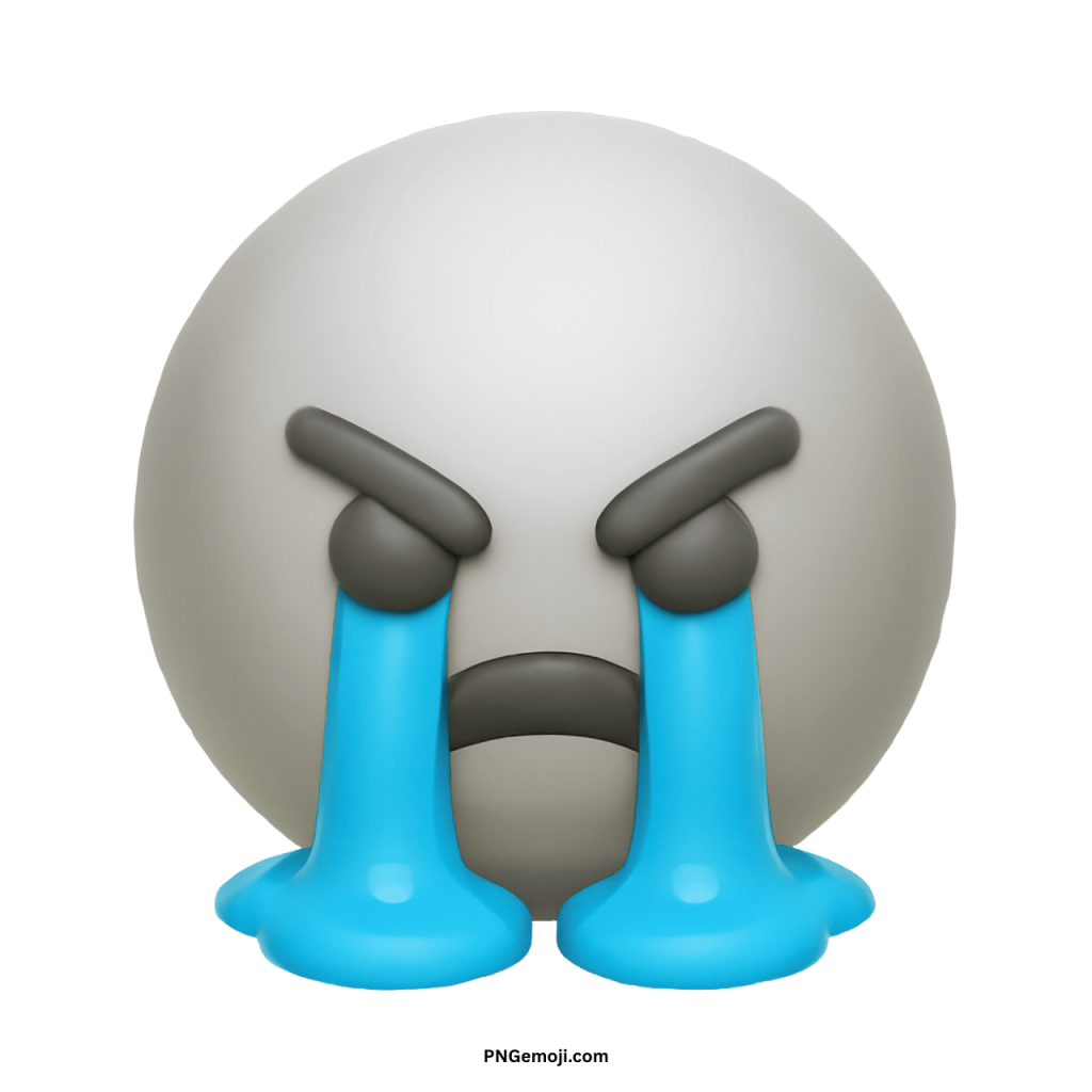 White angry crying emoji face with blue tears and emotional frustrated expression on transparent background