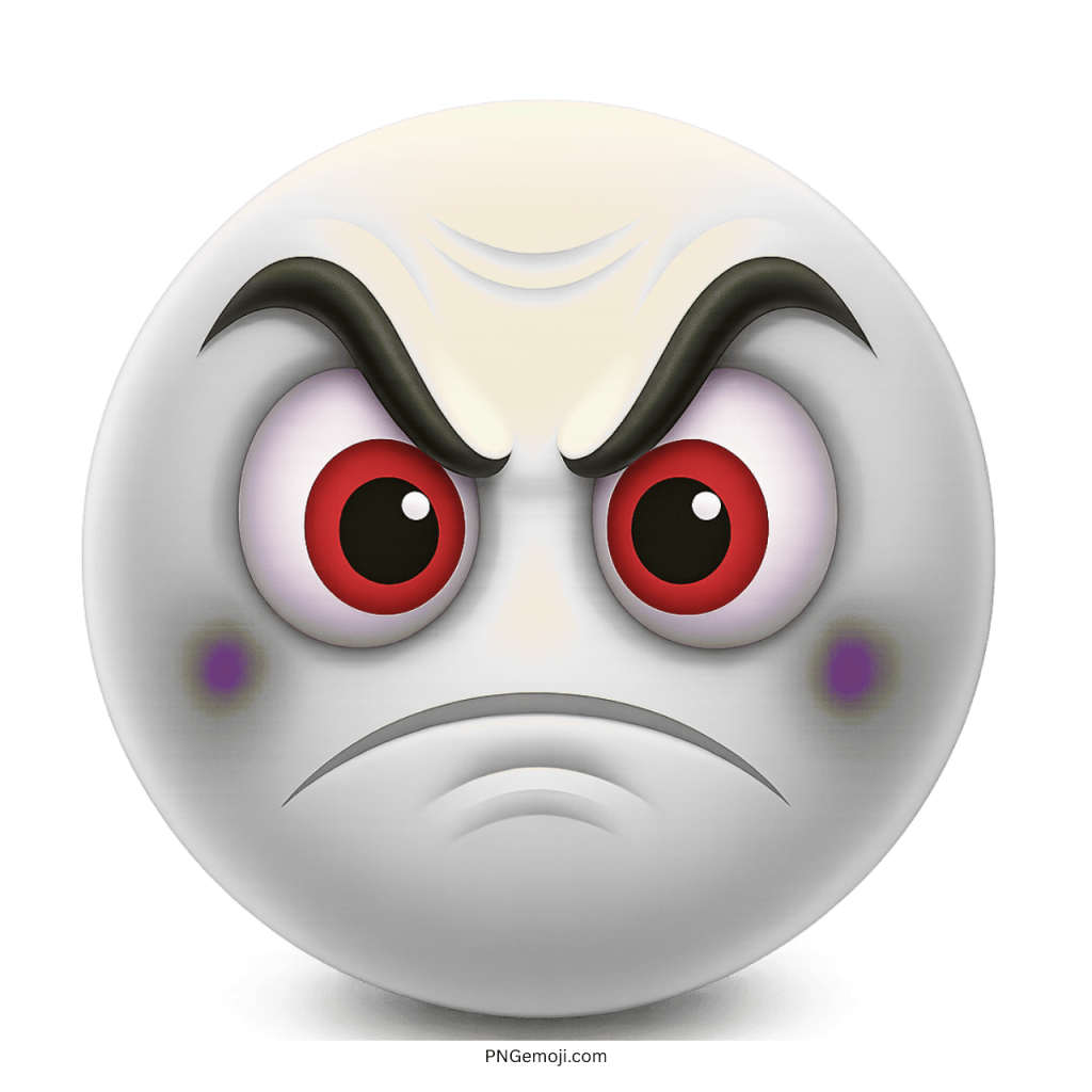 White angry emoji face with red eyes and deep frown