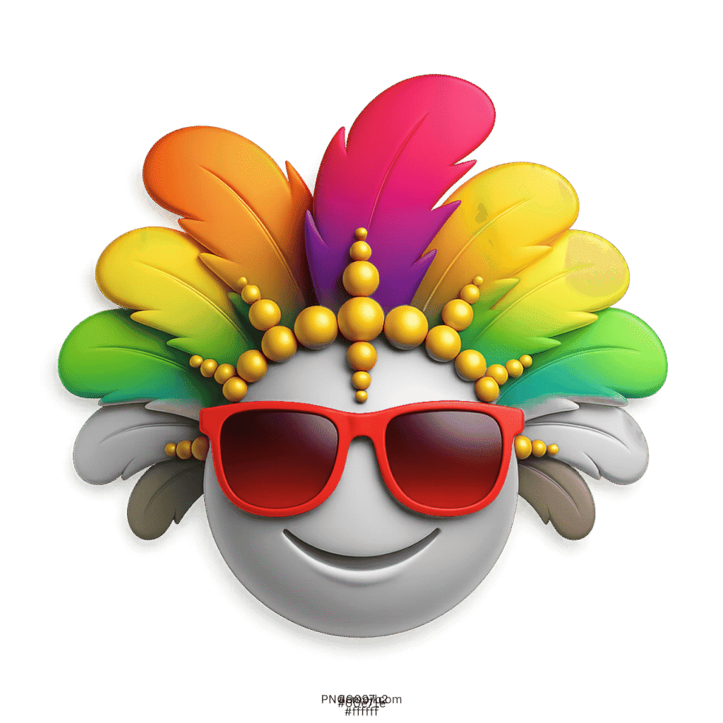 White carnival smiley emoji with rainbow feathers crown and red sunglasses