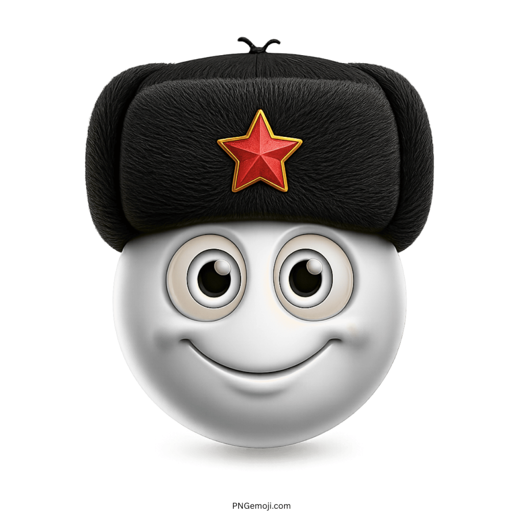 White smiley face emoji wearing black fur hat with red star badge