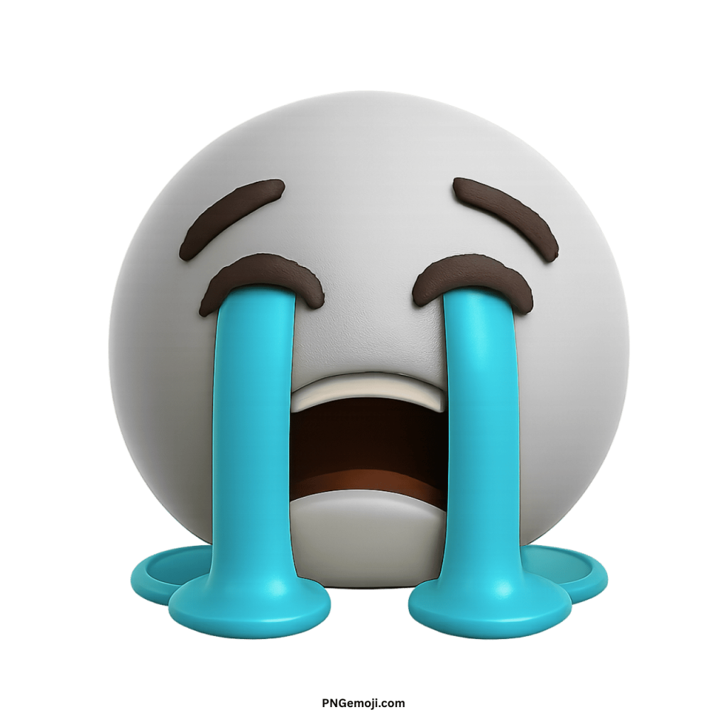 3D white crying emoji with streaming blue tears and sad face expression