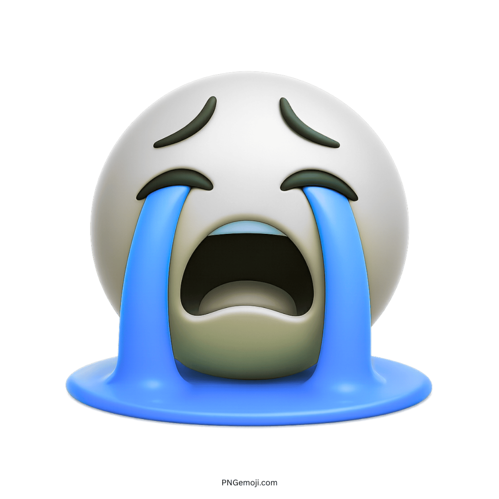 white 3D emoji crying loudly with huge blue tears forming puddle