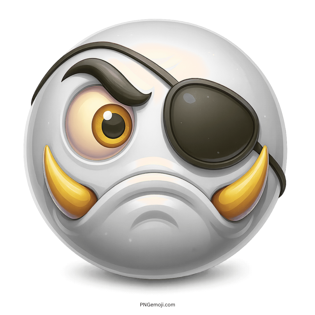 White monster emoji with eyepatch and tusks showing angry pirate expression