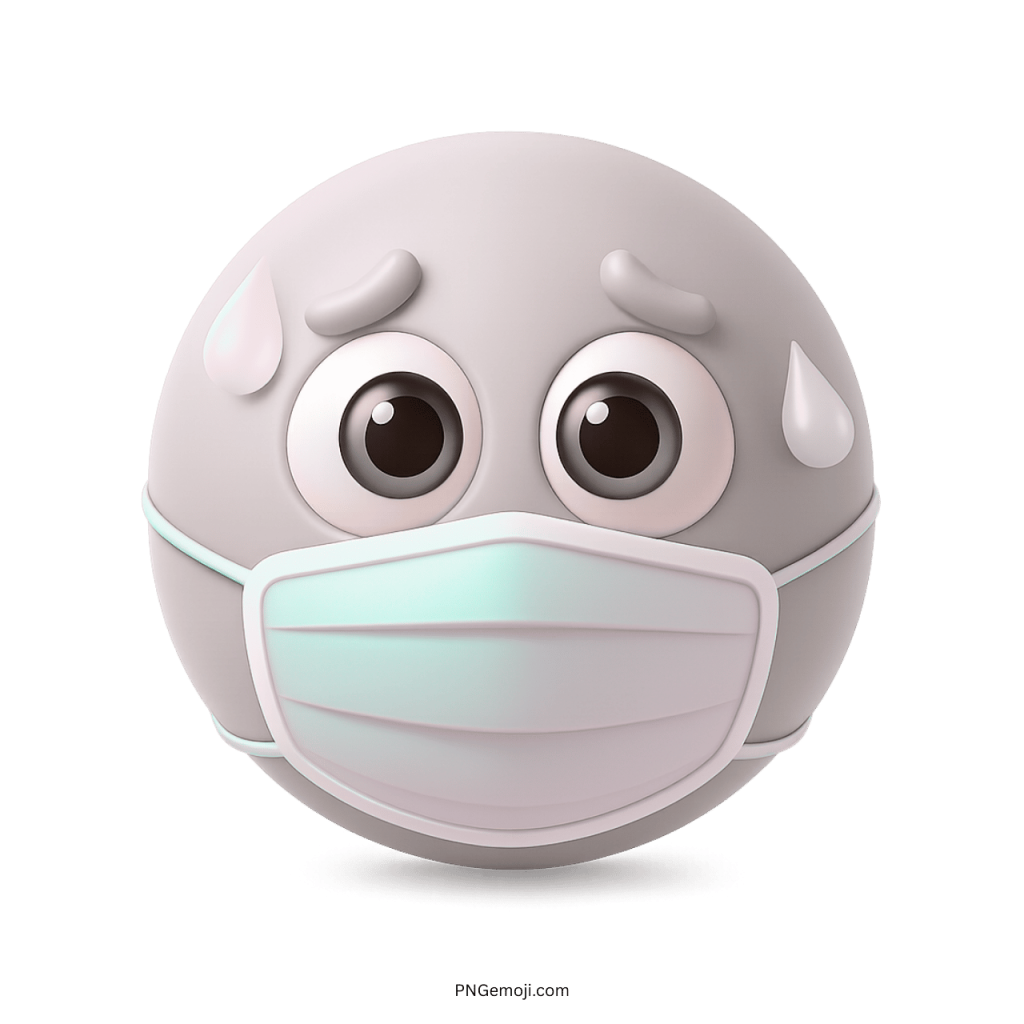 White sick emoji wearing a medical mask with sweat drops showing stress and illness
