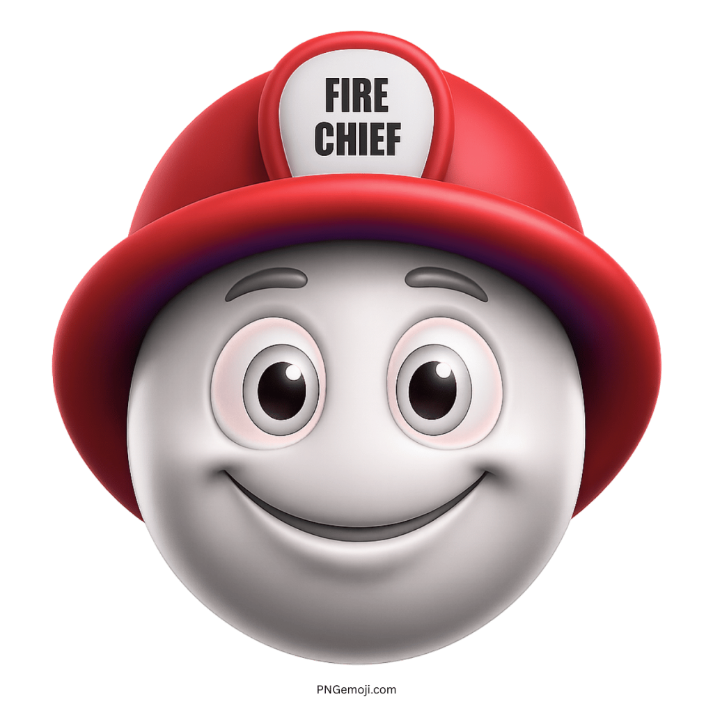 White smiling emoji wearing a bright red fire chief firefighter helmet