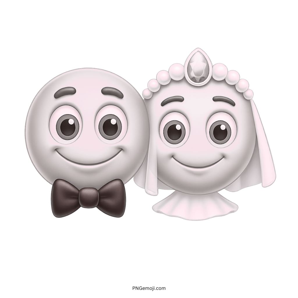 White wedding smiley emoji couple with bride in veil and groom in bow tie