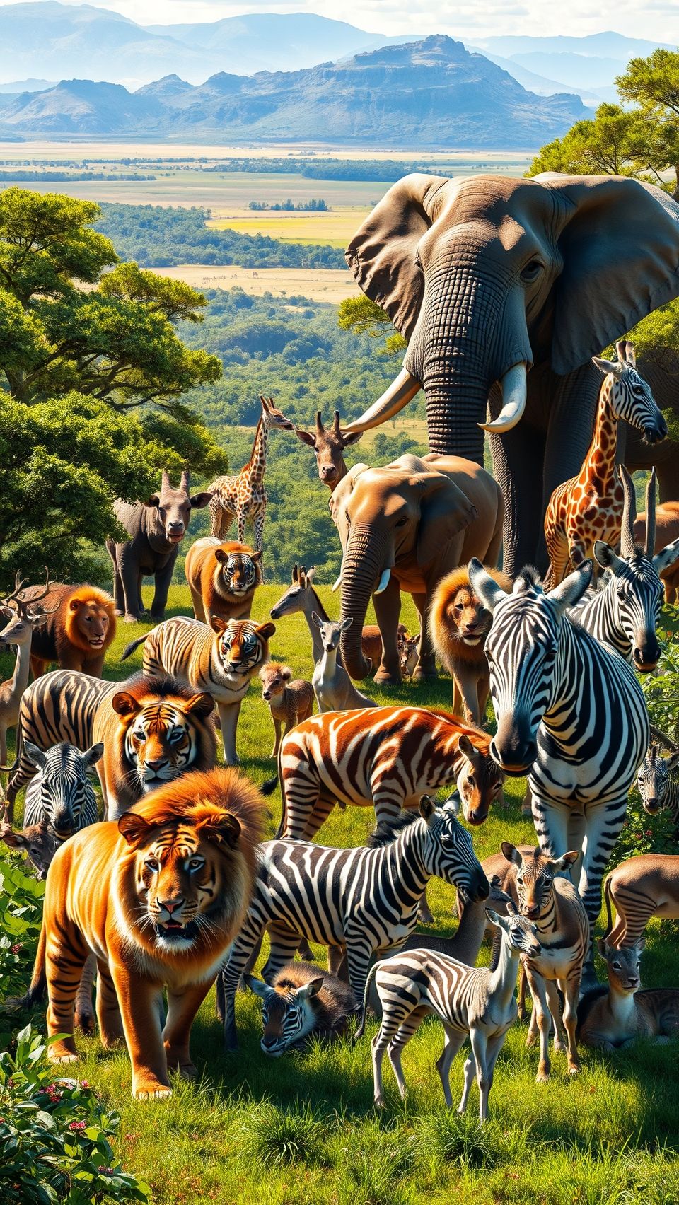 A collection of wild animals, including lions, tigers, zebras, and giraffes, in their natural habitat