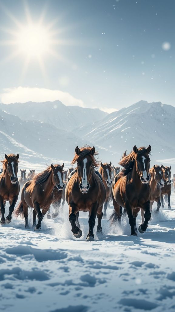 Wild brown horses running in snowy mountains under bright winter sunlight wallpaper