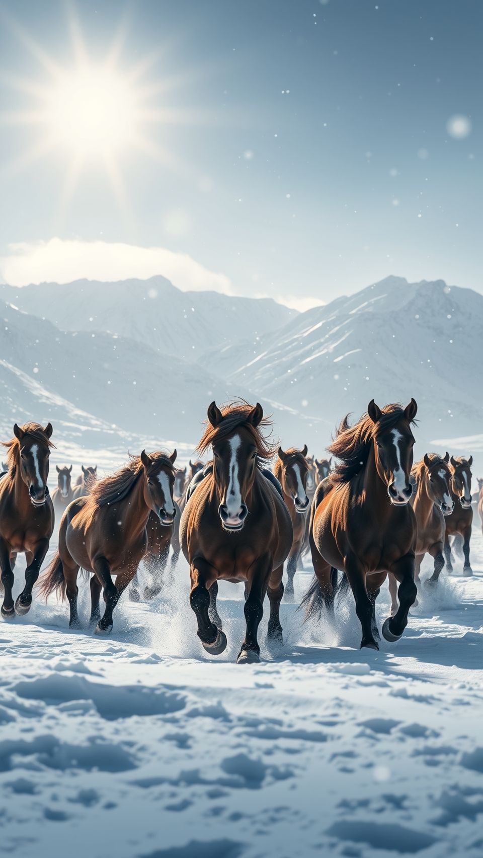 Wild brown horses running in snowy mountains under bright winter sunlight wallpaper