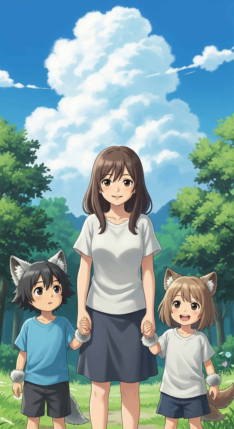Wolf Children anime wallpaper featuring mother with her two kids in nature background
