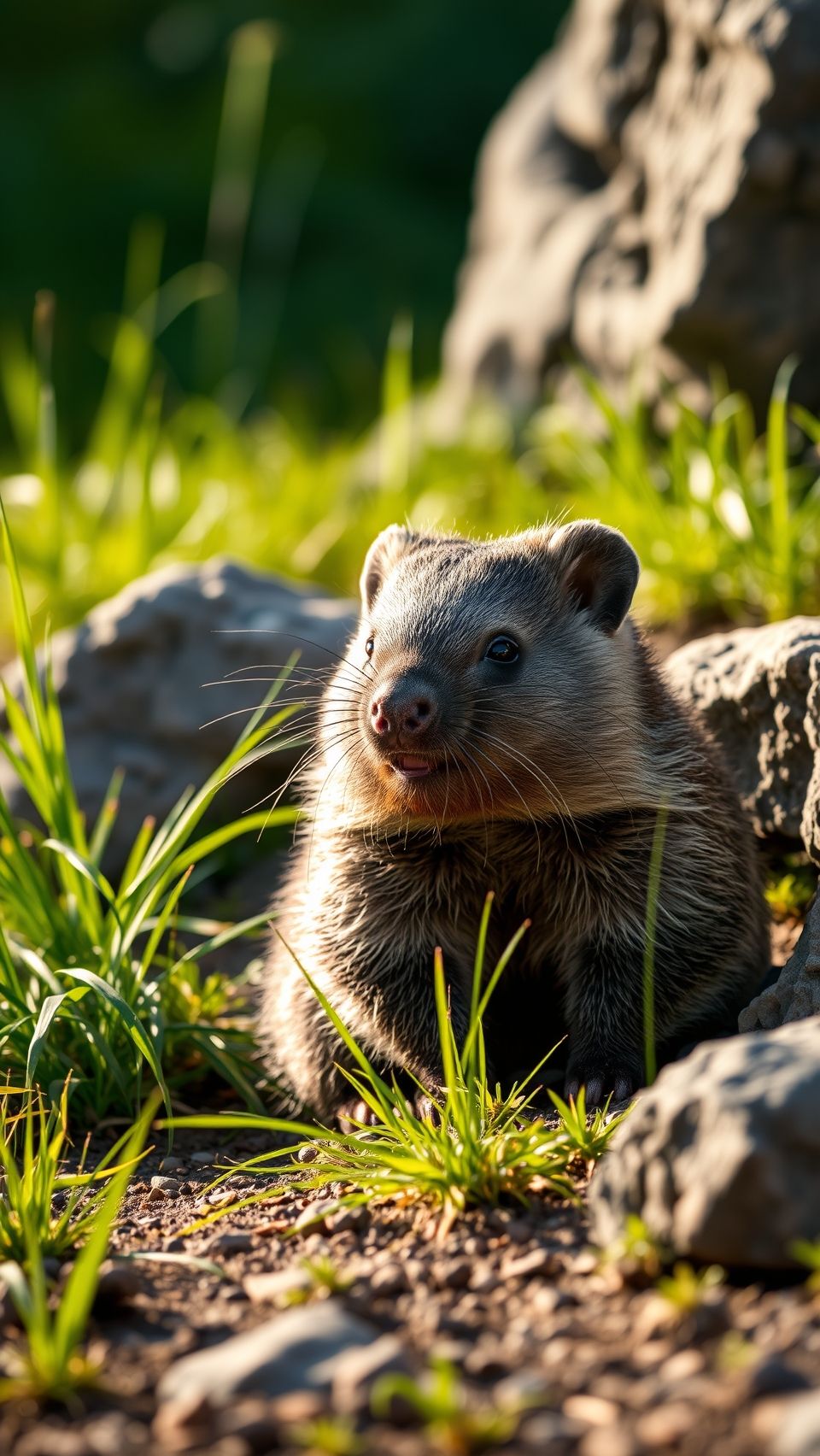 Cute wombat sitting on green grass near rocks in natural wildlife habitat, realistic photo