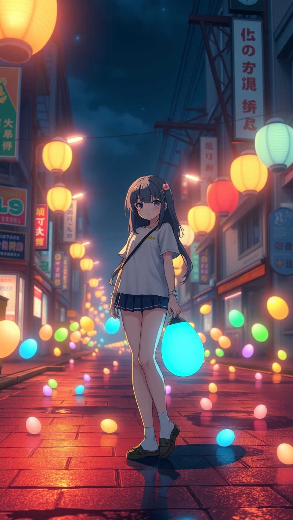 Anime girl from Wonder Egg Priority standing under lanterns in glowing night street