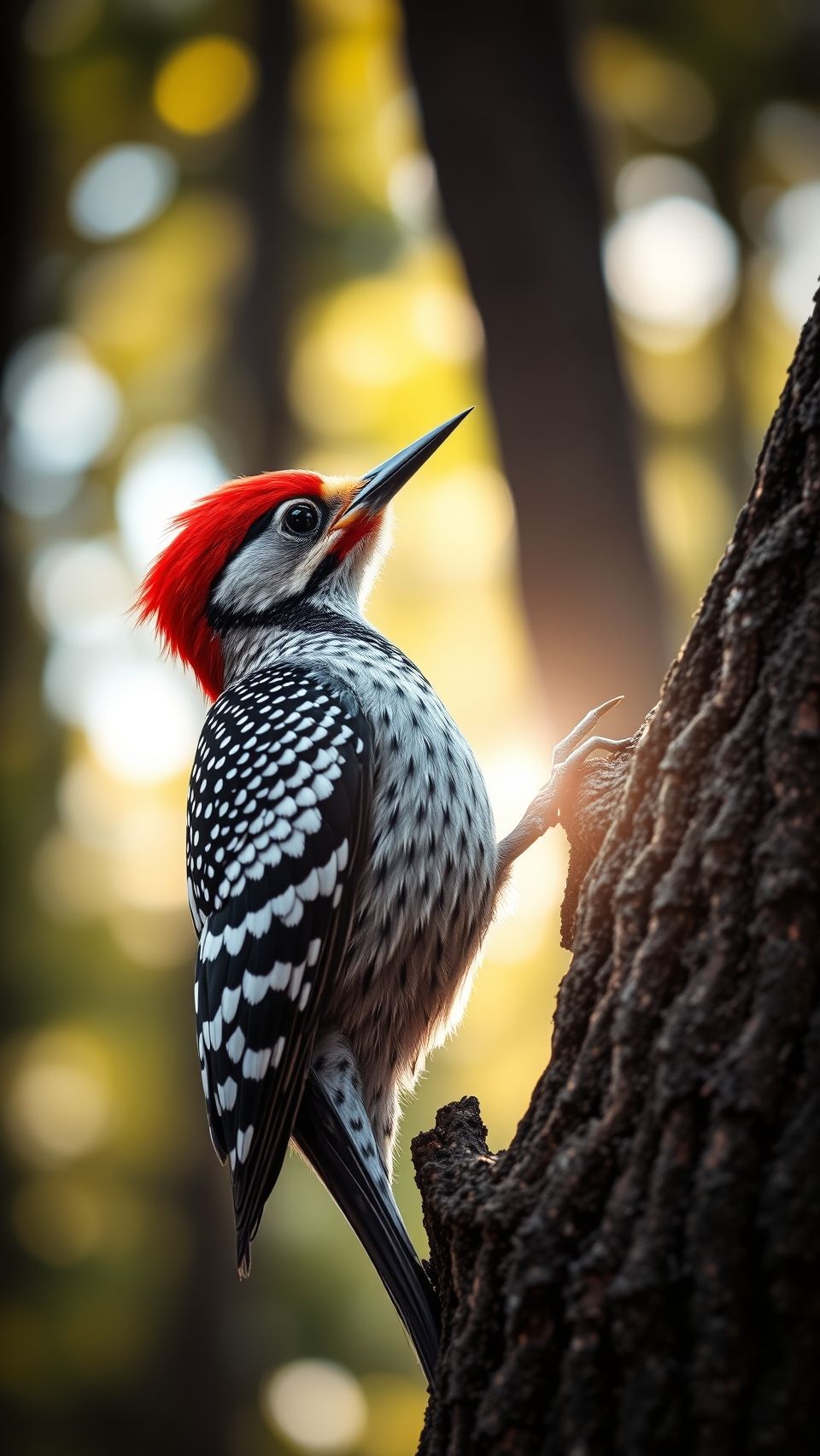 Ultra realistic woodpecker bird sitting on tree trunk in natural forest background
