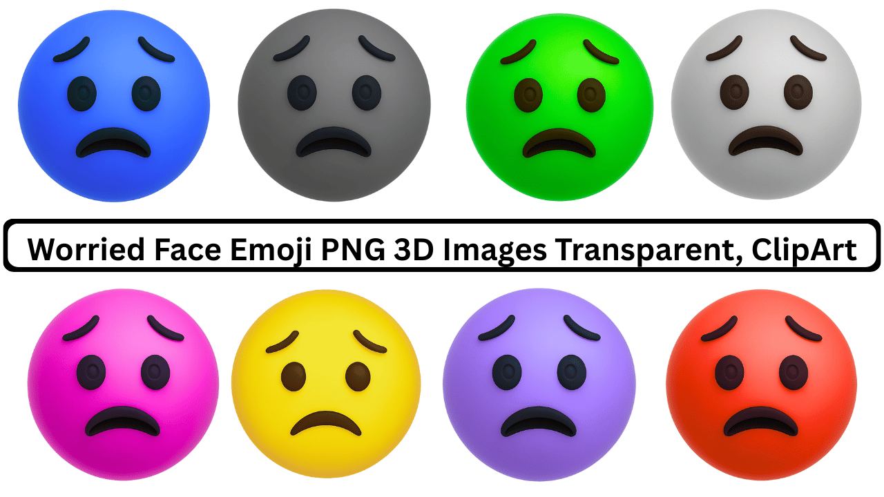 3D worried face emoji collection in multiple colors showing anxious, sad, nervous facial expressions