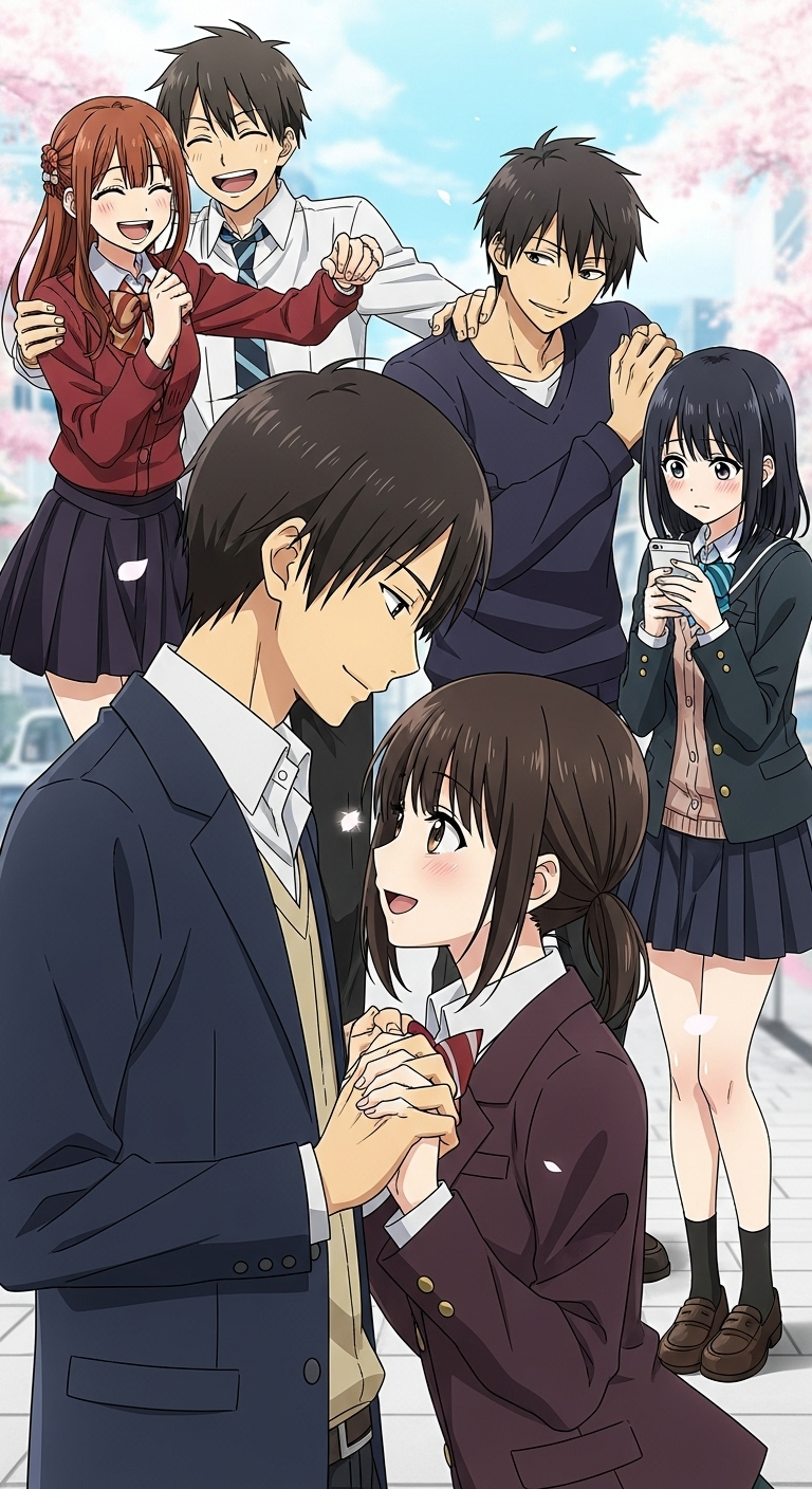 Wotakoi Love Is Hard for Otaku anime wallpaper showing romantic school couples in spring season