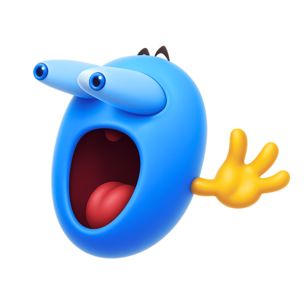 3D Wowsers emoji with blue face, wide mouth, googly eyes and yellow cartoon hand