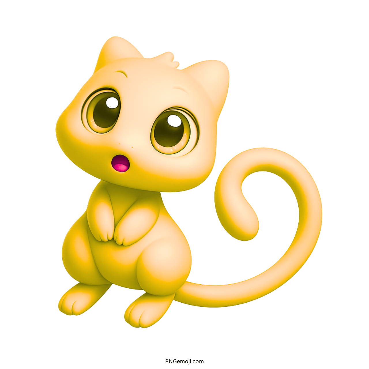 Yellow 3D Mew cat emoji with big brown eyes and surprised cartoon face