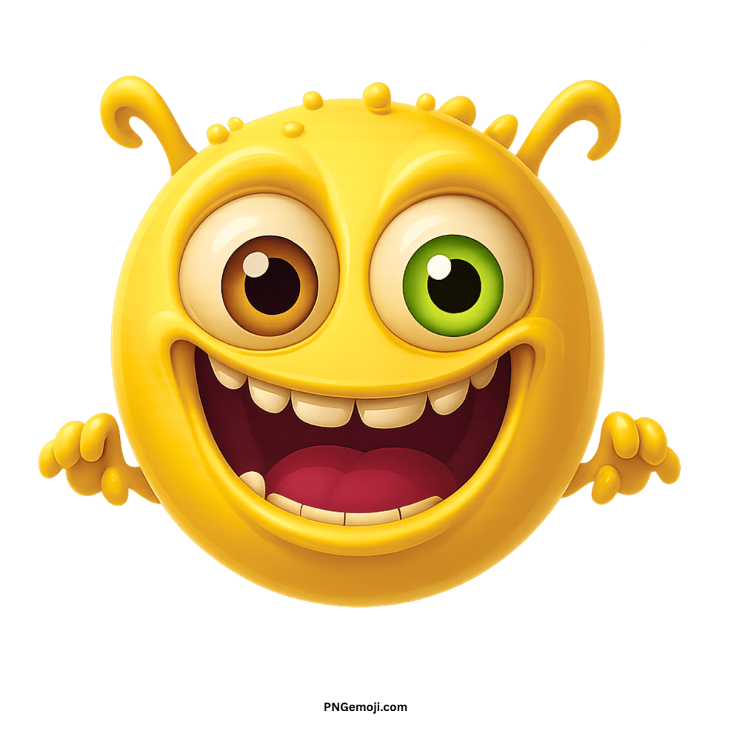 yellow alien monster emoji with goofy smile and cartoon face on transparent background