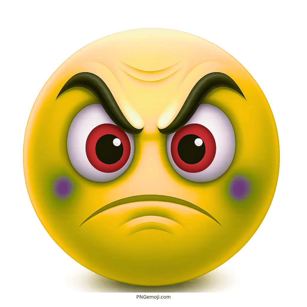 Yellow angry emoji face with red eyes and frowning eyebrows