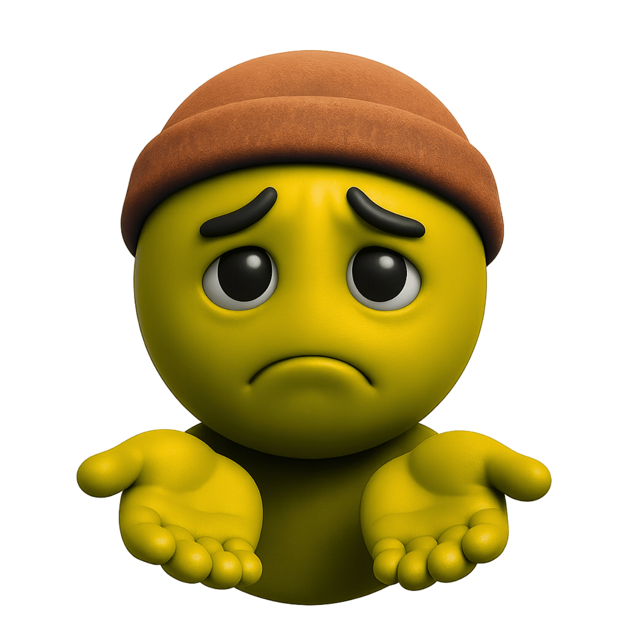 Yellow beggar emoji wearing brown hat with sad face and empty hand gesture