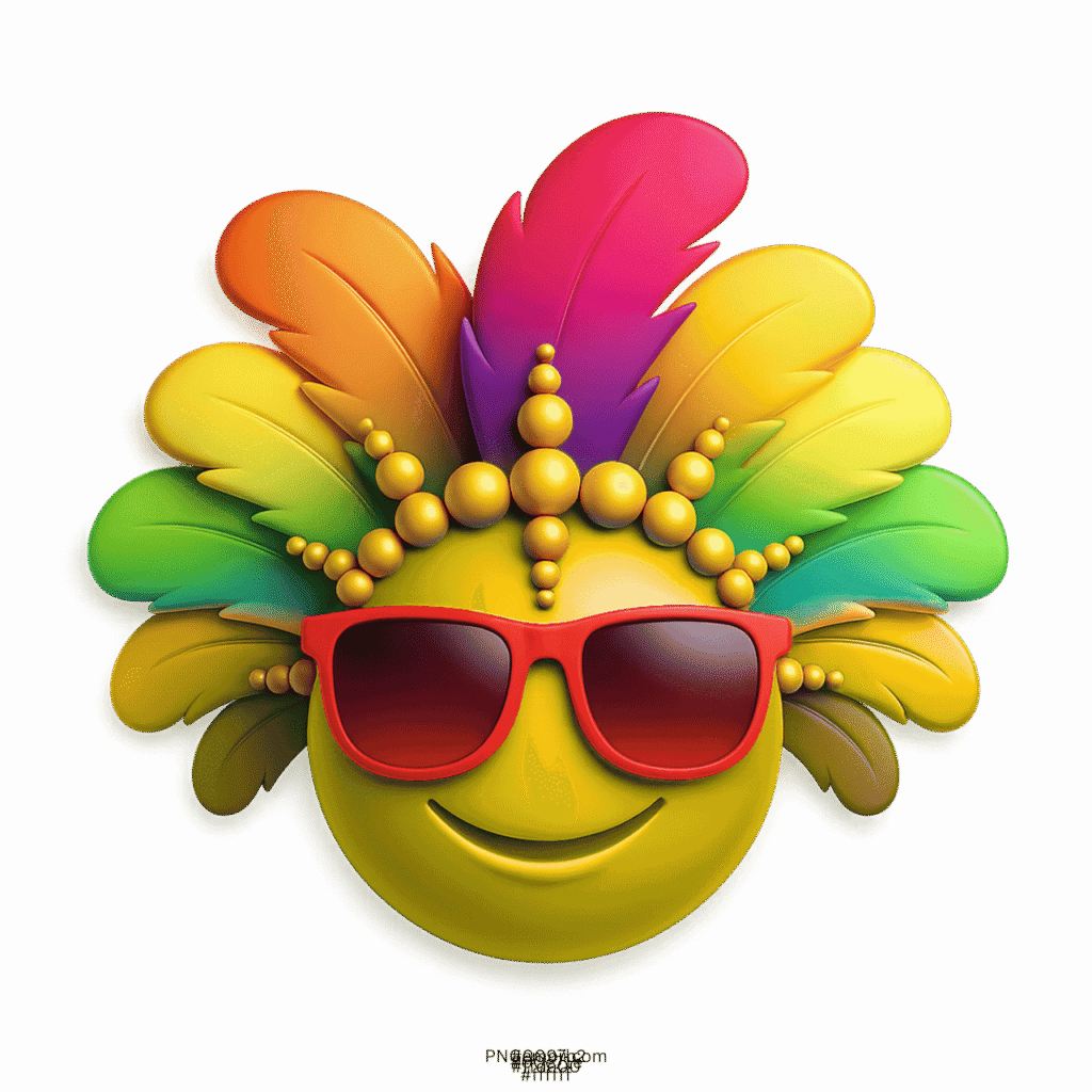 Yellow carnival smiley emoji wearing red sunglasses and colorful feather crown