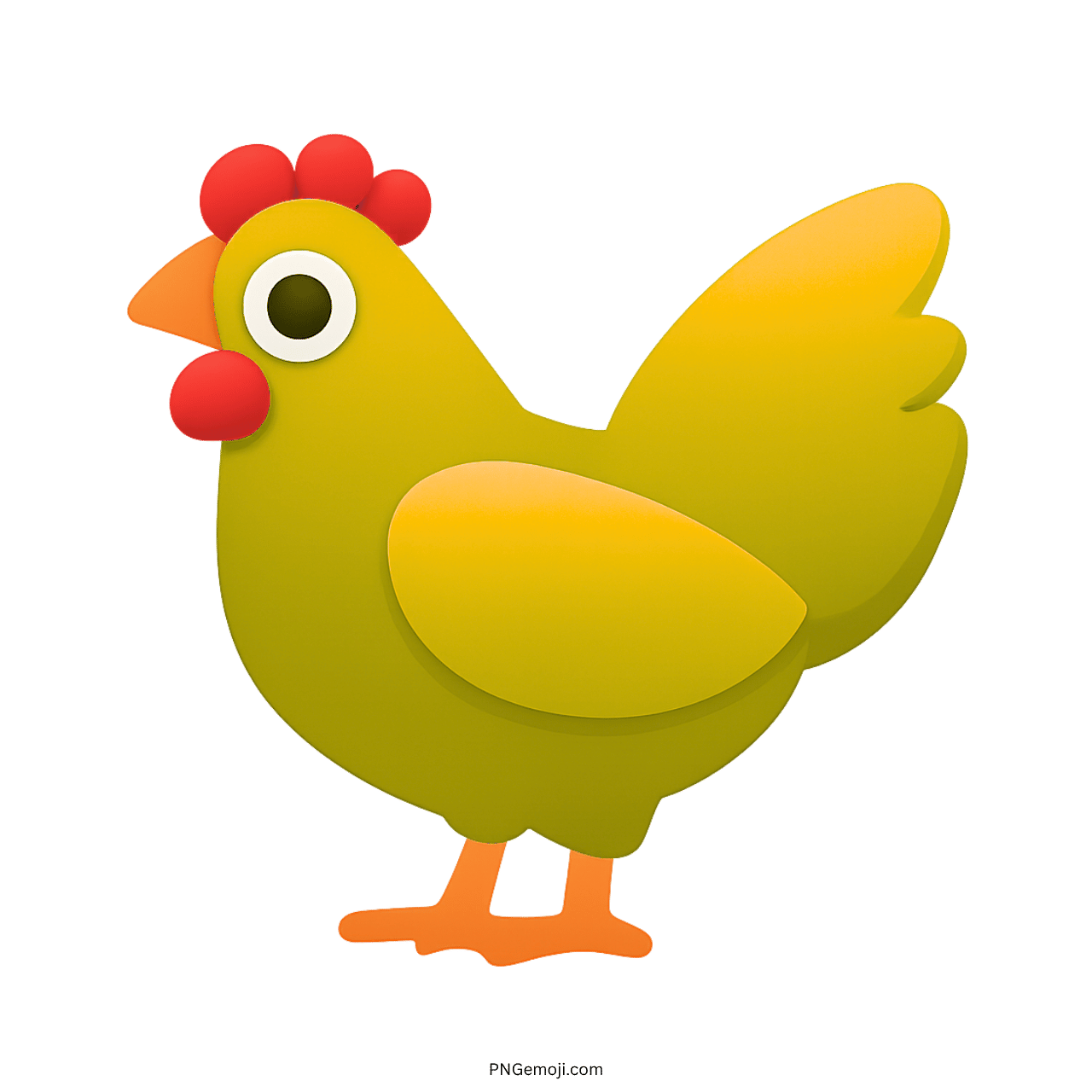 A bright yellow chicken emoji with red comb, beak, and orange feet, featuring a friendly design