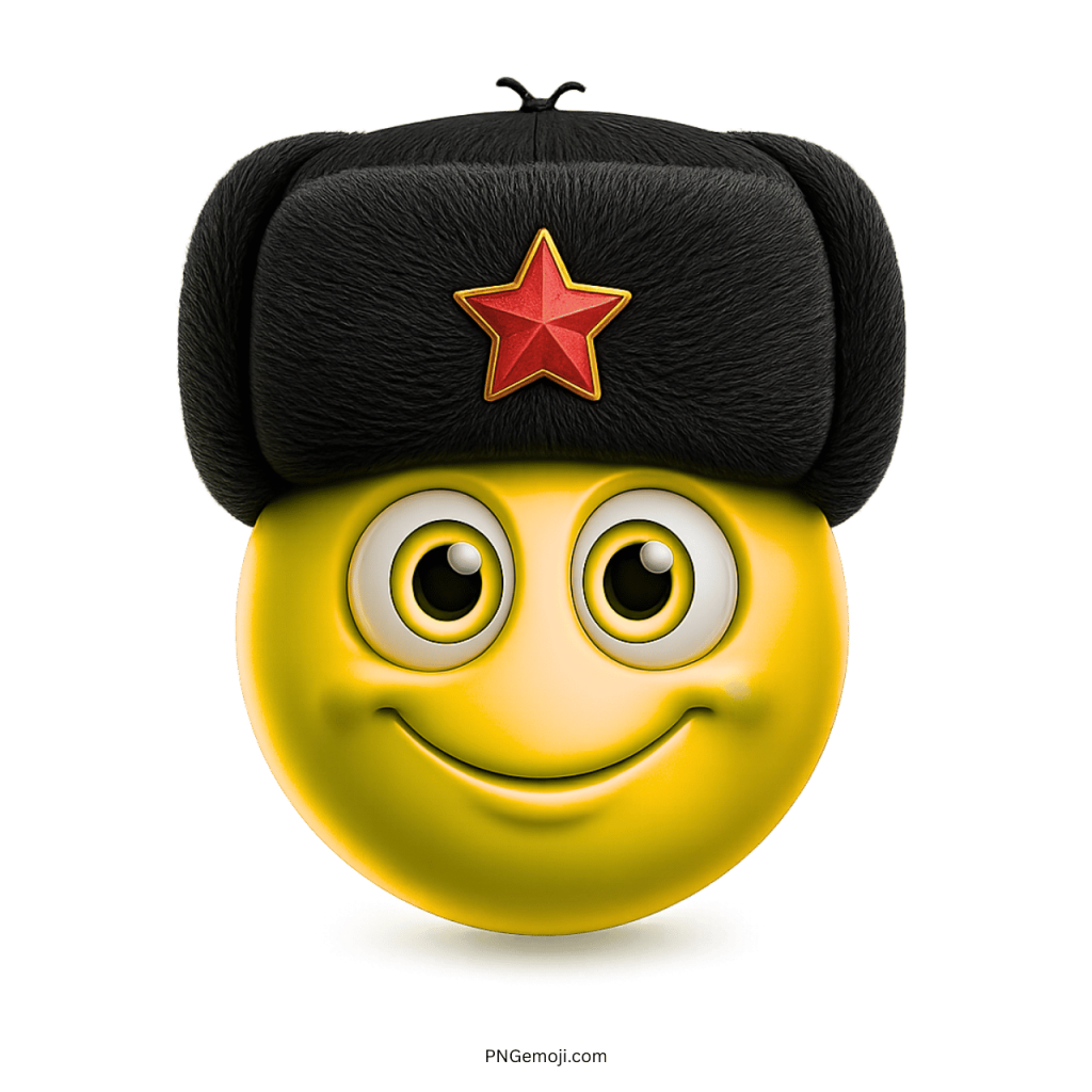 Yellow smiley emoji wearing black fur hat with red star emblem