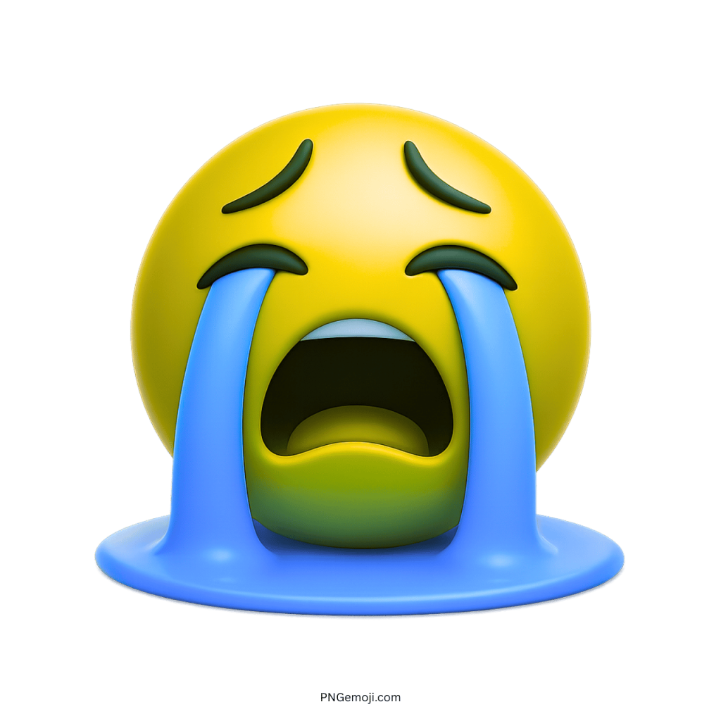 yellow 3D emoji crying dramatically with big blue tears puddling below