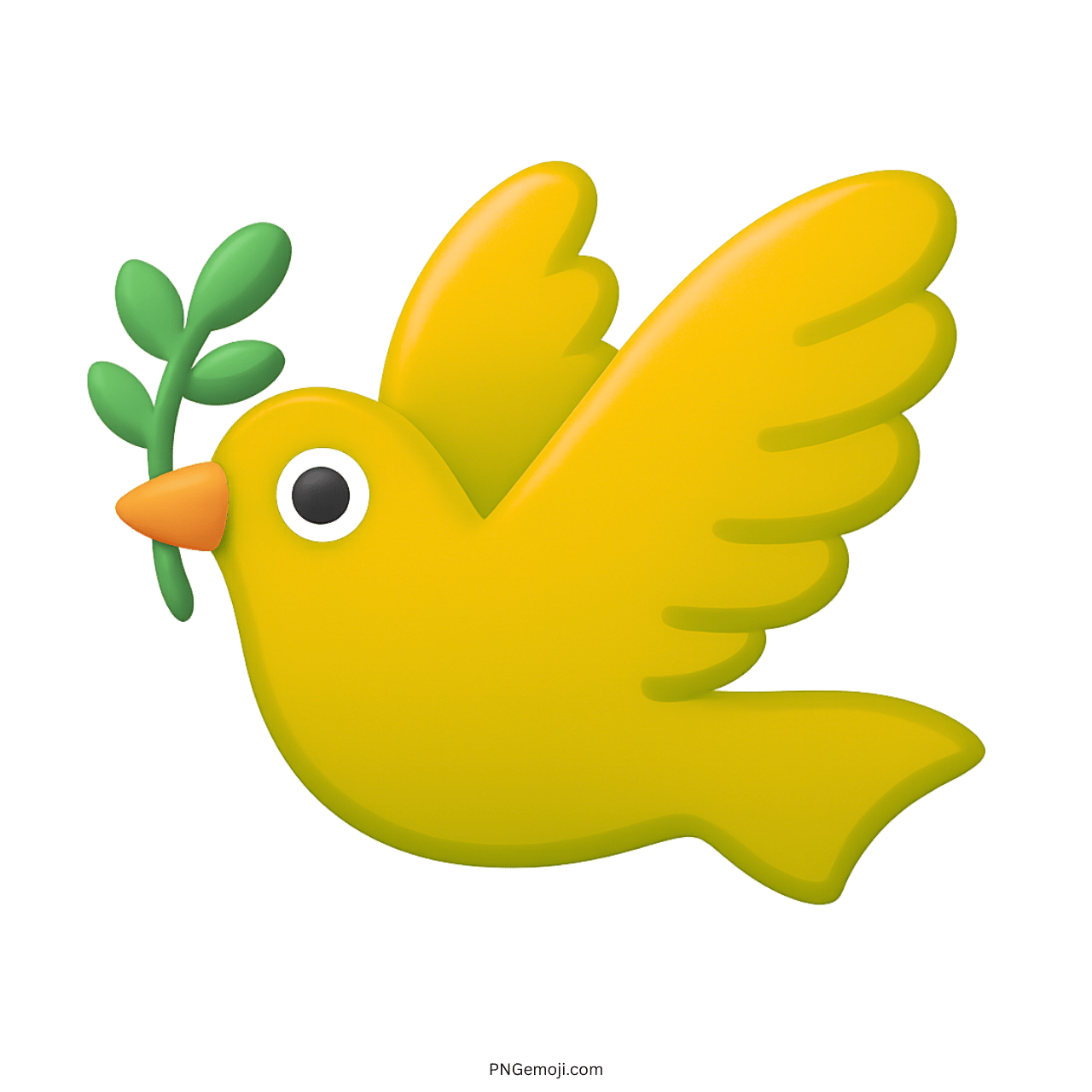 3D yellow dove emoji flying with olive branch symbolizing peace, positivity, and hope.