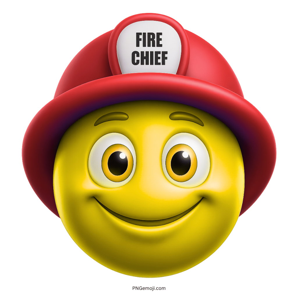 Bright yellow smiling emoji face wearing a red fire chief helmet