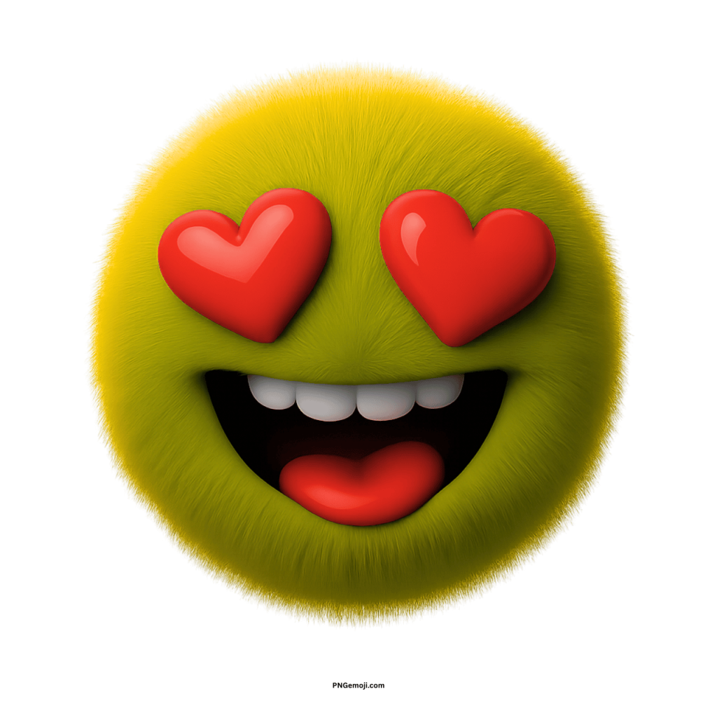 Yellow emoji face with red heart eyes and happy smile, love expression PNG transparent