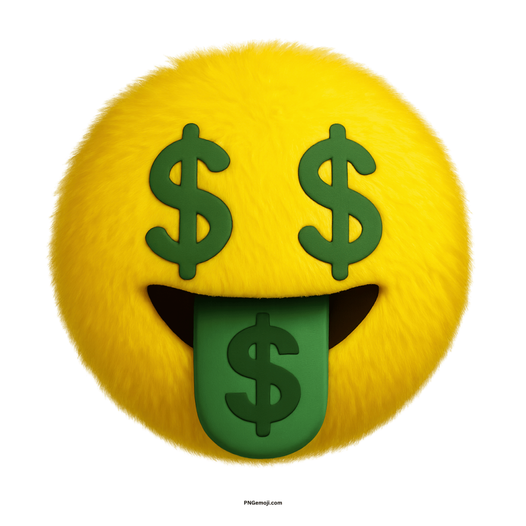 Fluffy yellow emoji with dollar sign eyes and green money tongue