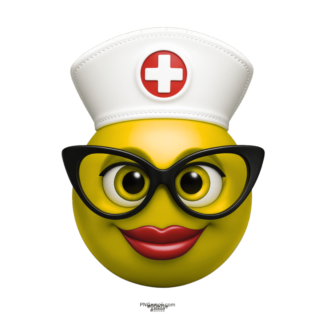 Yellow nurse emoji wearing black glasses with red lips and nurse cap