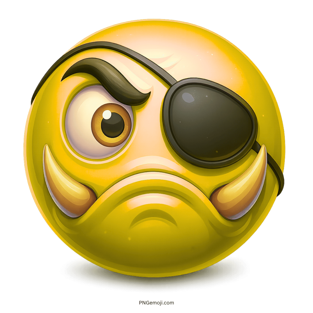 Yellow monster emoji with eye patch and tusks angry cartoon face