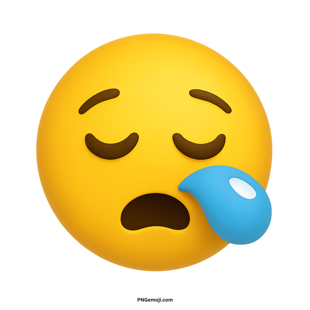 Yellow sleepy face emoji with closed eyes and droplet showing tiredness, sleepiness, or exhaustion
