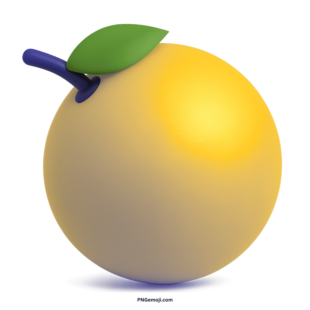 3D yellow tangerine emoji with green leaf and purple stem digital cartoon style