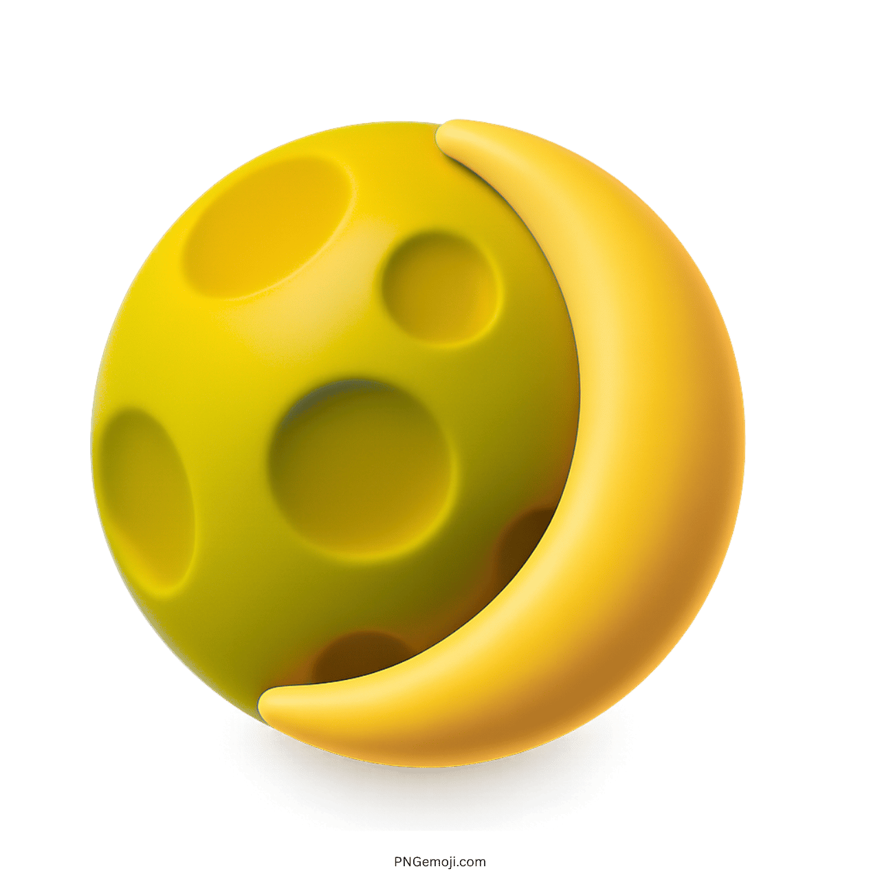 3D yellow waxing crescent moon emoji with cratered golden sphere and crescent design