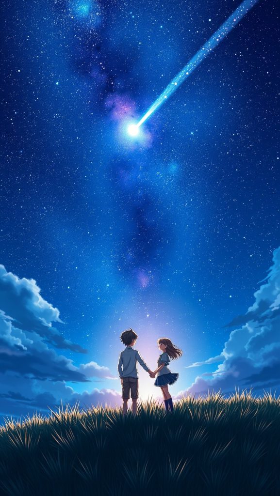 Anime couple holding hands under starry sky with shooting star inspired by Your Name