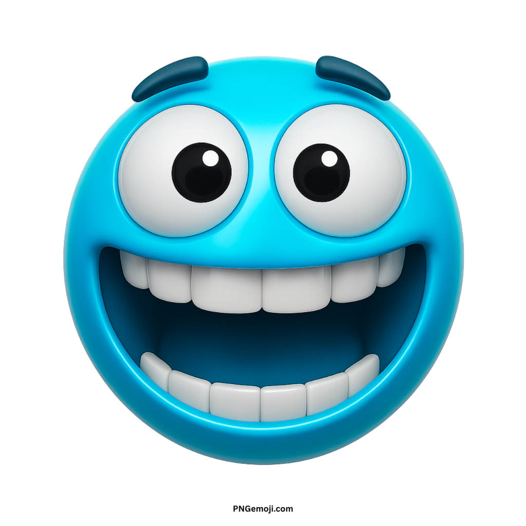 Zany blue emoji with wide toothy grin and big cartoon eyes showing silly joy