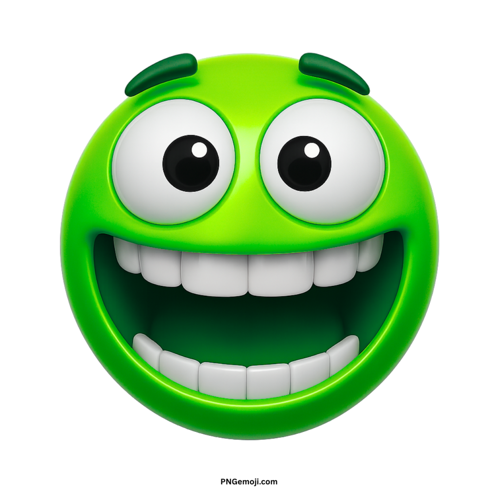 Zany green emoji with big wide eyes and toothy smile showing silly expression
