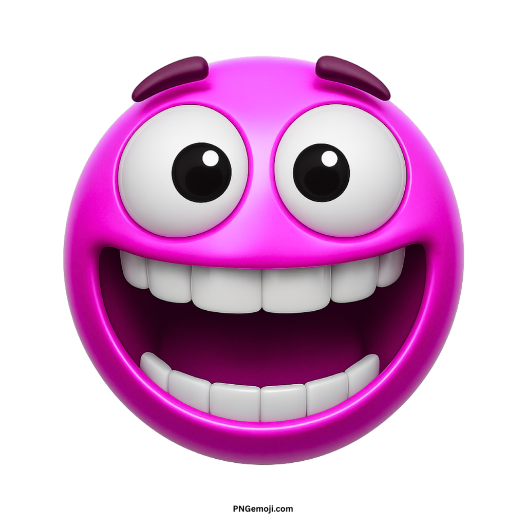Zany purple emoji with wide toothy grin and big cartoon eyes showing silly joy