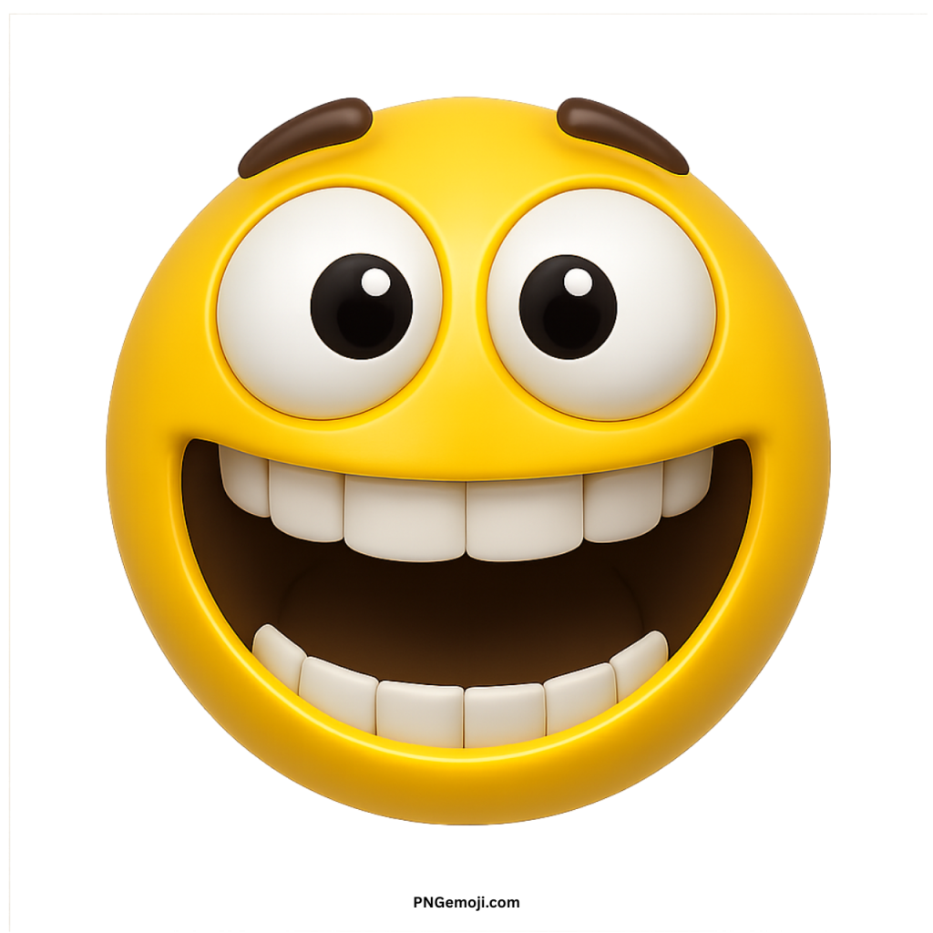 Zany yellow emoji with wide smile and big cartoon eyes expressing silly happiness