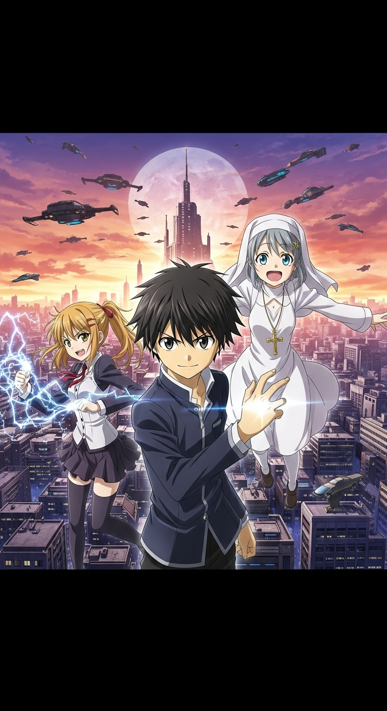 A Certain Magical Index anime wallpaper featuring Touma, Index, and Misaka in cityscape action scene
