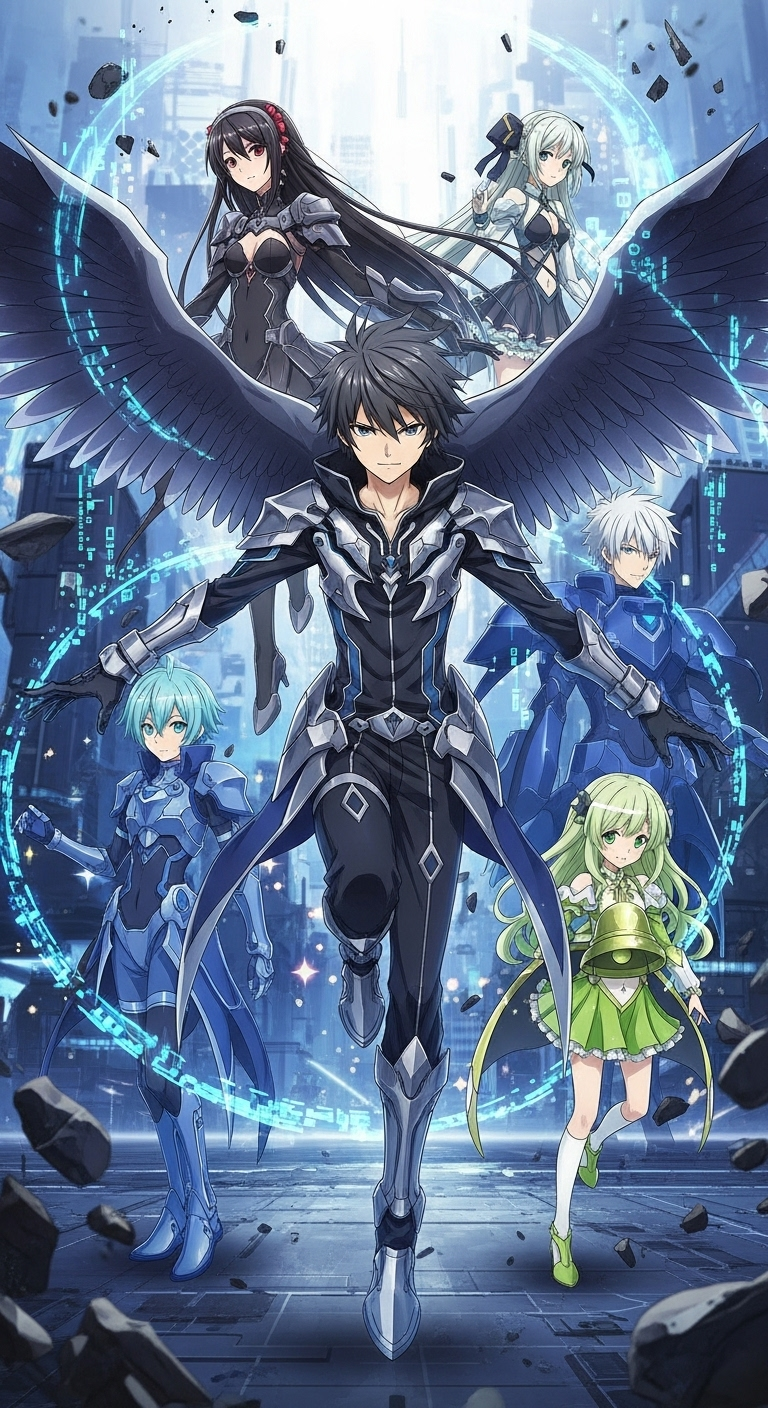 Accel World anime wallpaper featuring dark hero with wings and futuristic battle team