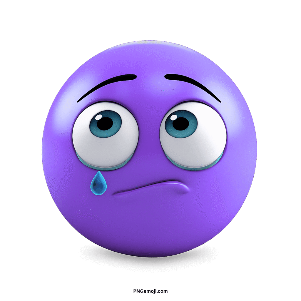 A sad purple emoji with big blue eyes looking up and a single tear drop on a black background.