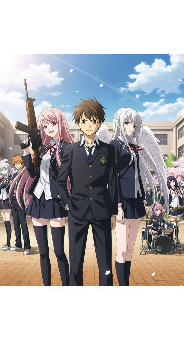 Angel Beats anime wallpaper featuring main characters in school uniforms with weapons and wings