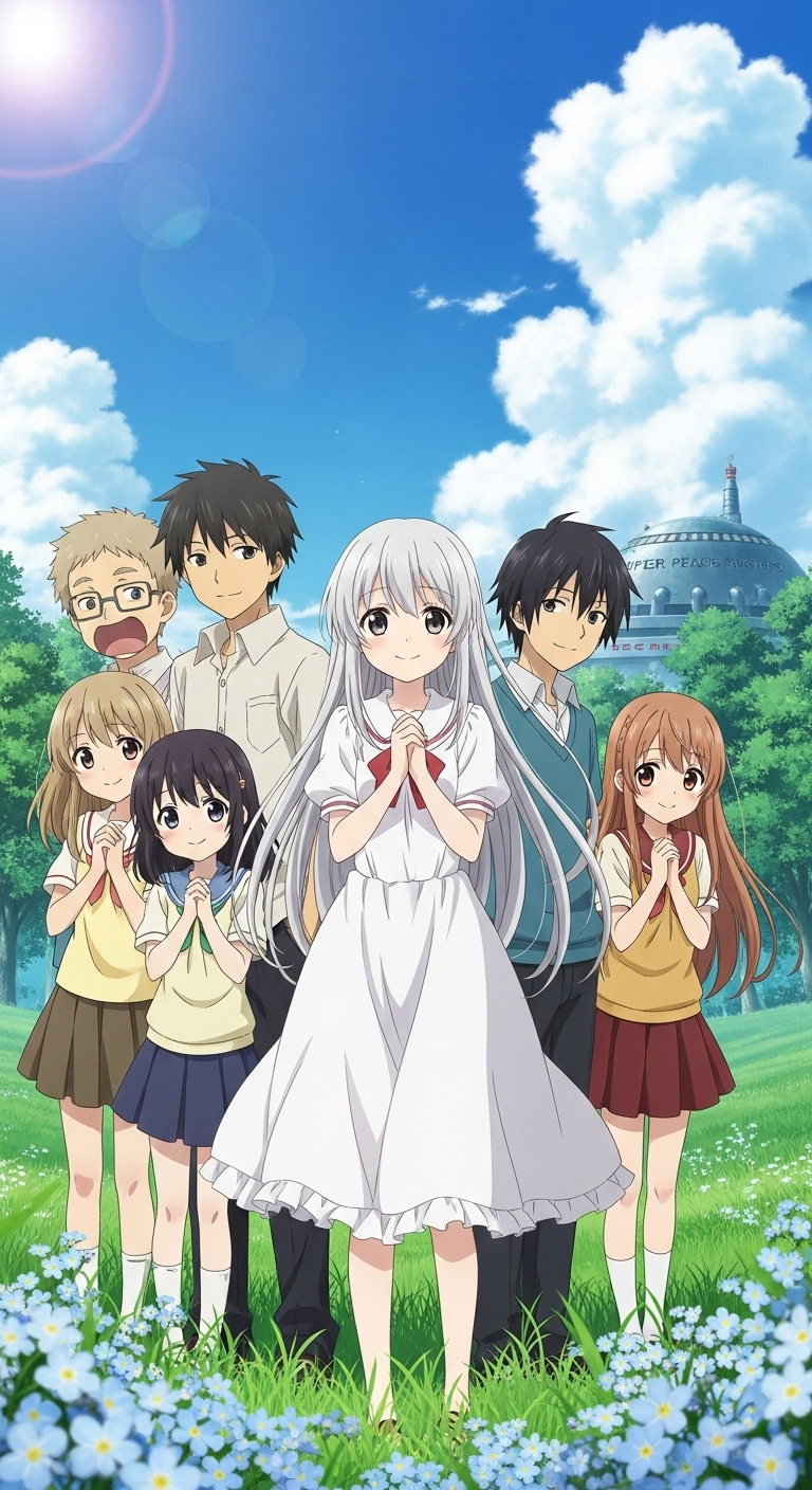Anohana anime wallpaper featuring Menma, Jinta, and friends together in a peaceful meadow