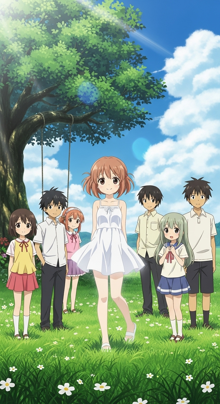 Anohana anime wallpaper showing childhood friends together under a big tree in summer